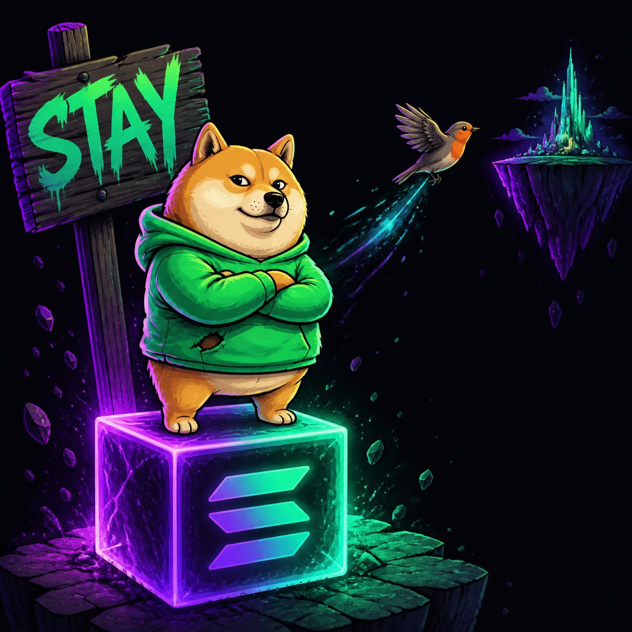 Chubby Shiba in a green hood standing on a glowing Solana cube next to a STAY sign